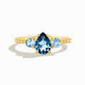London and Swiss blue topaz ring in 18k gold vermeil on white background