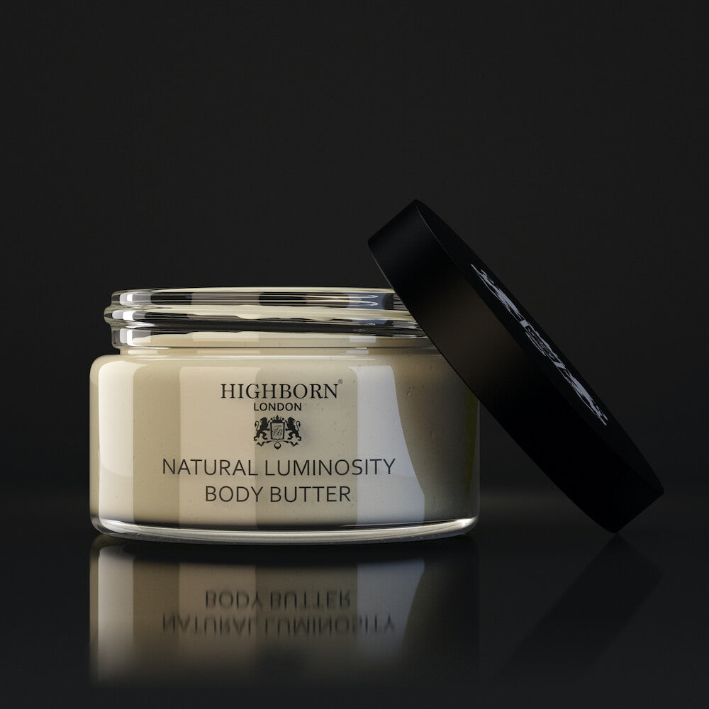 Highborn Natural Luminosity Body Butter jar on dark background