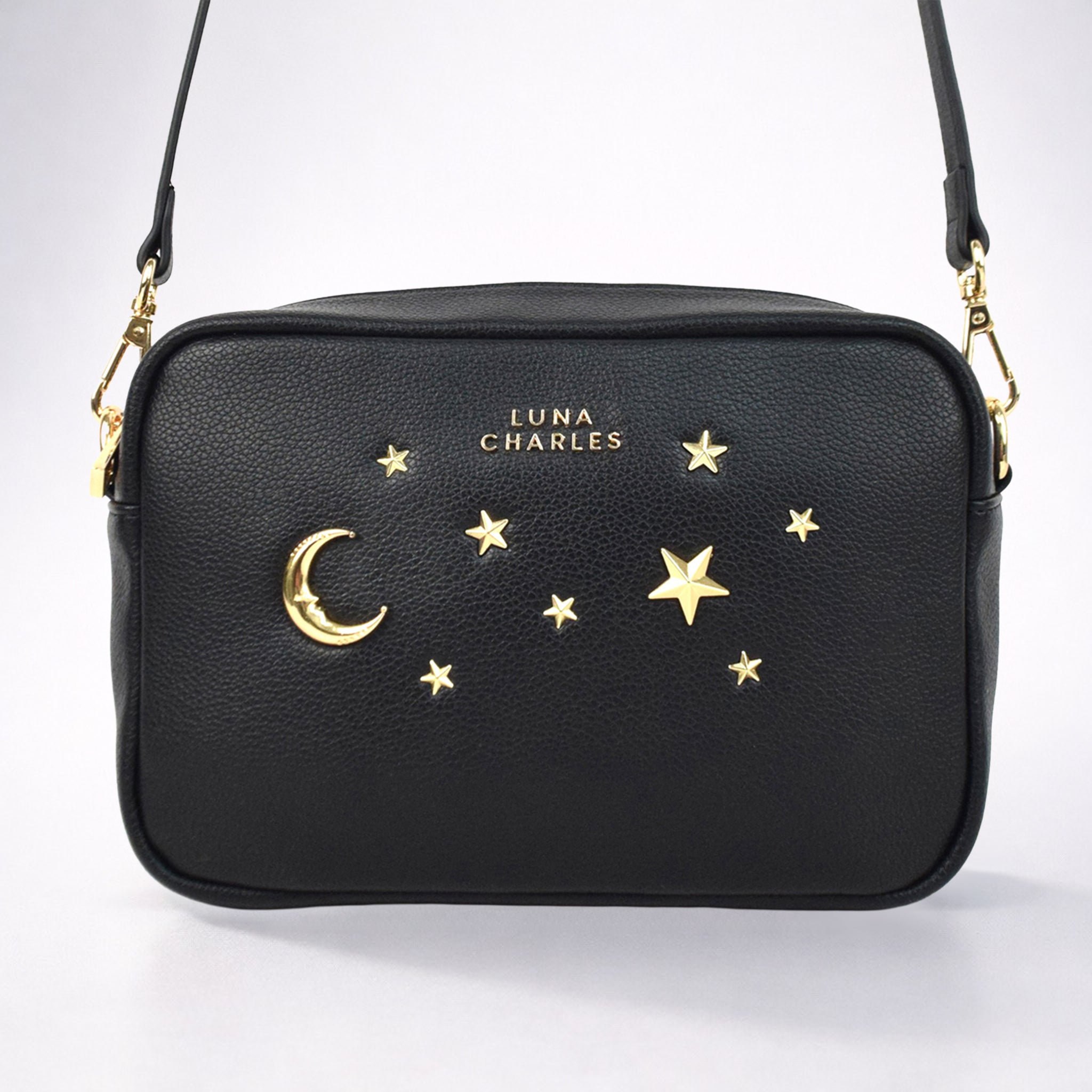 Luna Charles Maya star studded crossbody bag in black and gold main product image