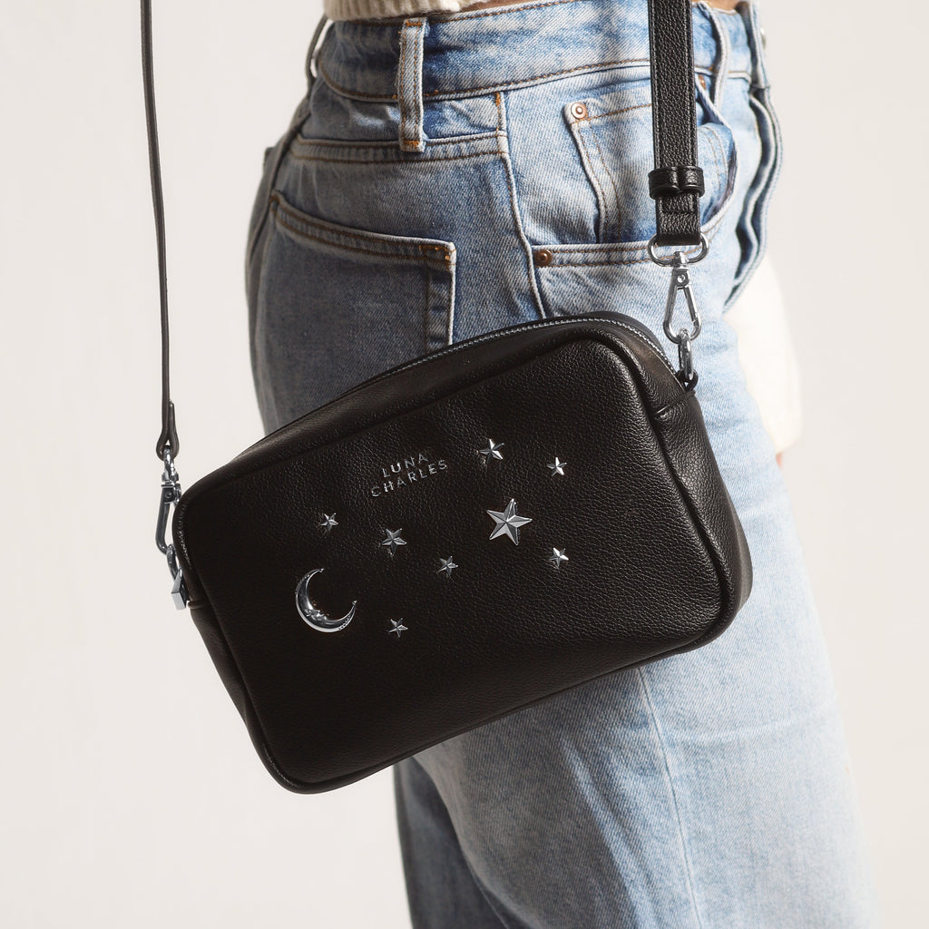 Luna Charles Maya black and silver crossbody bag close-up detail
