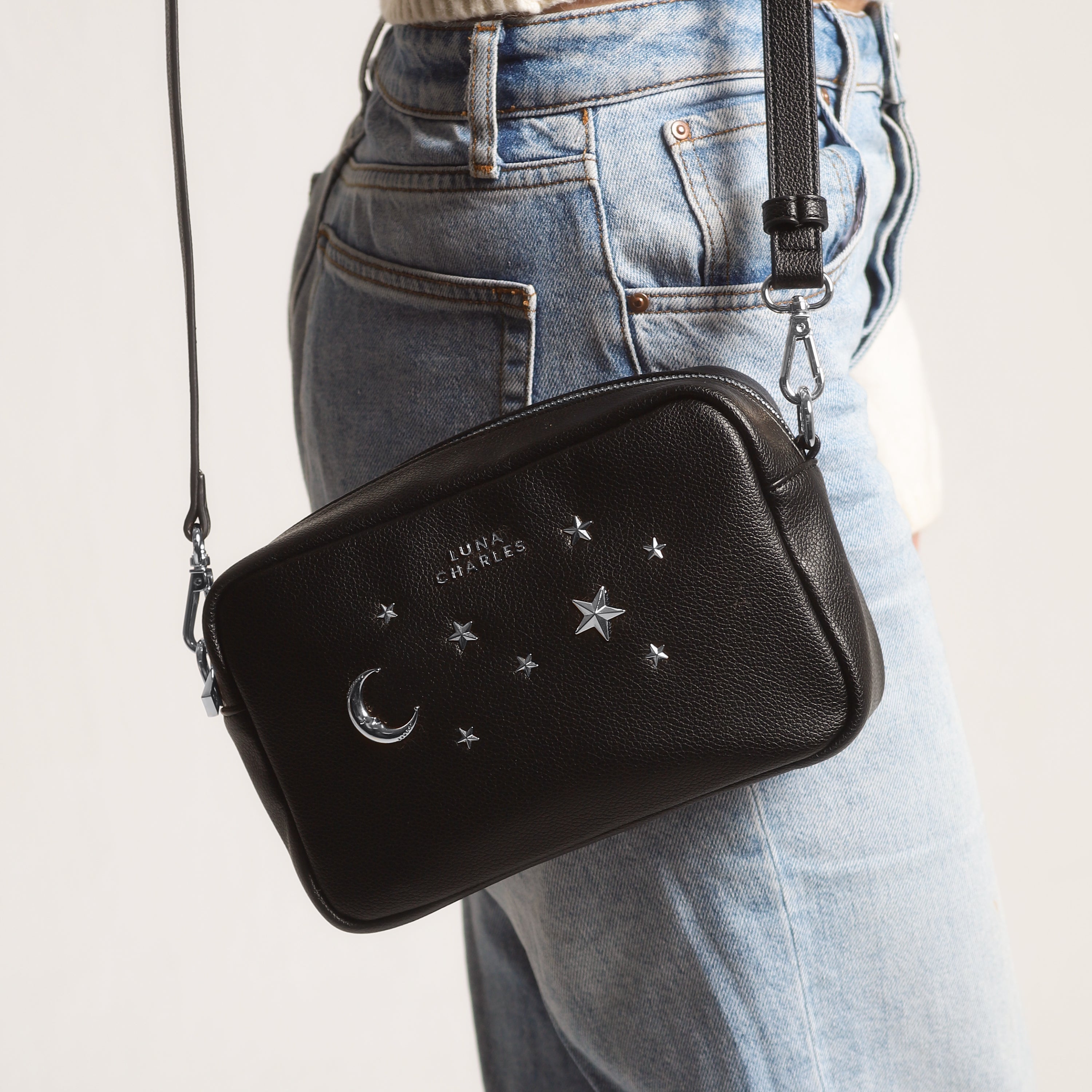 Luna Charles Maya black and silver crossbody bag close-up detail