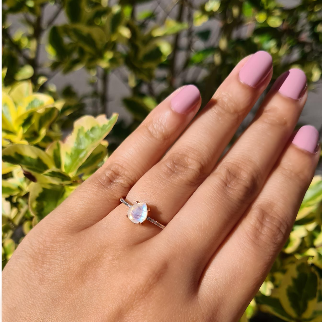 Rainbow moonstone ring in 18k rose gold vermeil lifestyle image