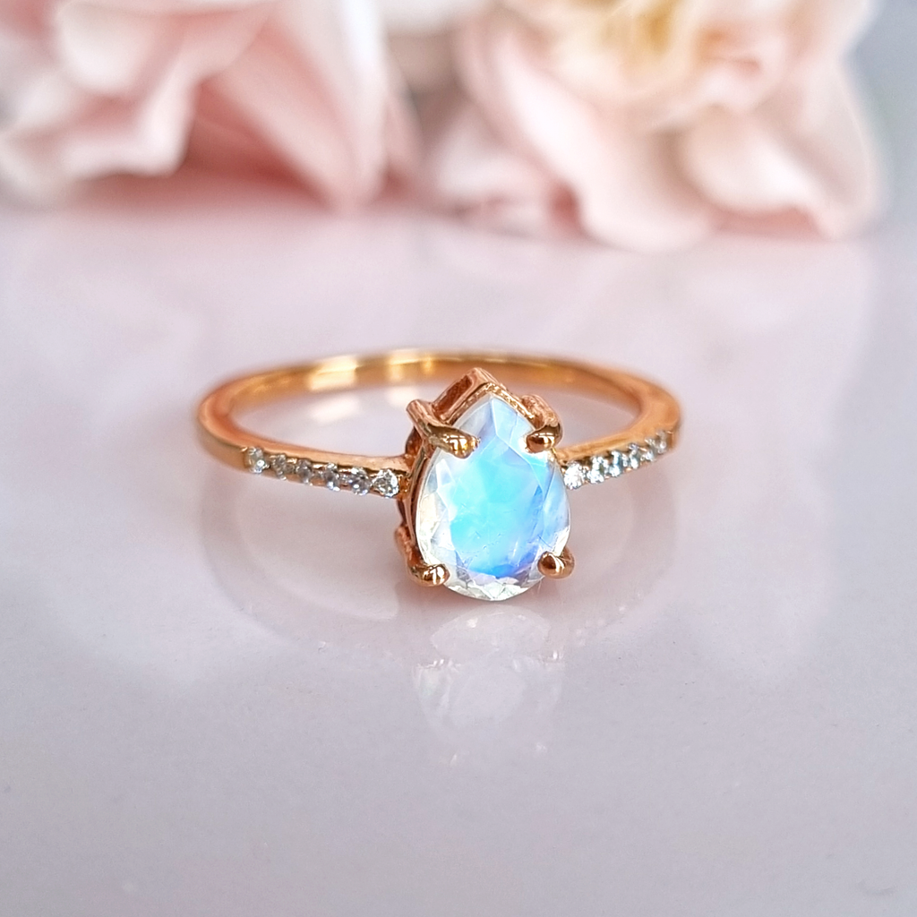 Pear cut rainbow moonstone ring in 18k rose gold vermeil product image