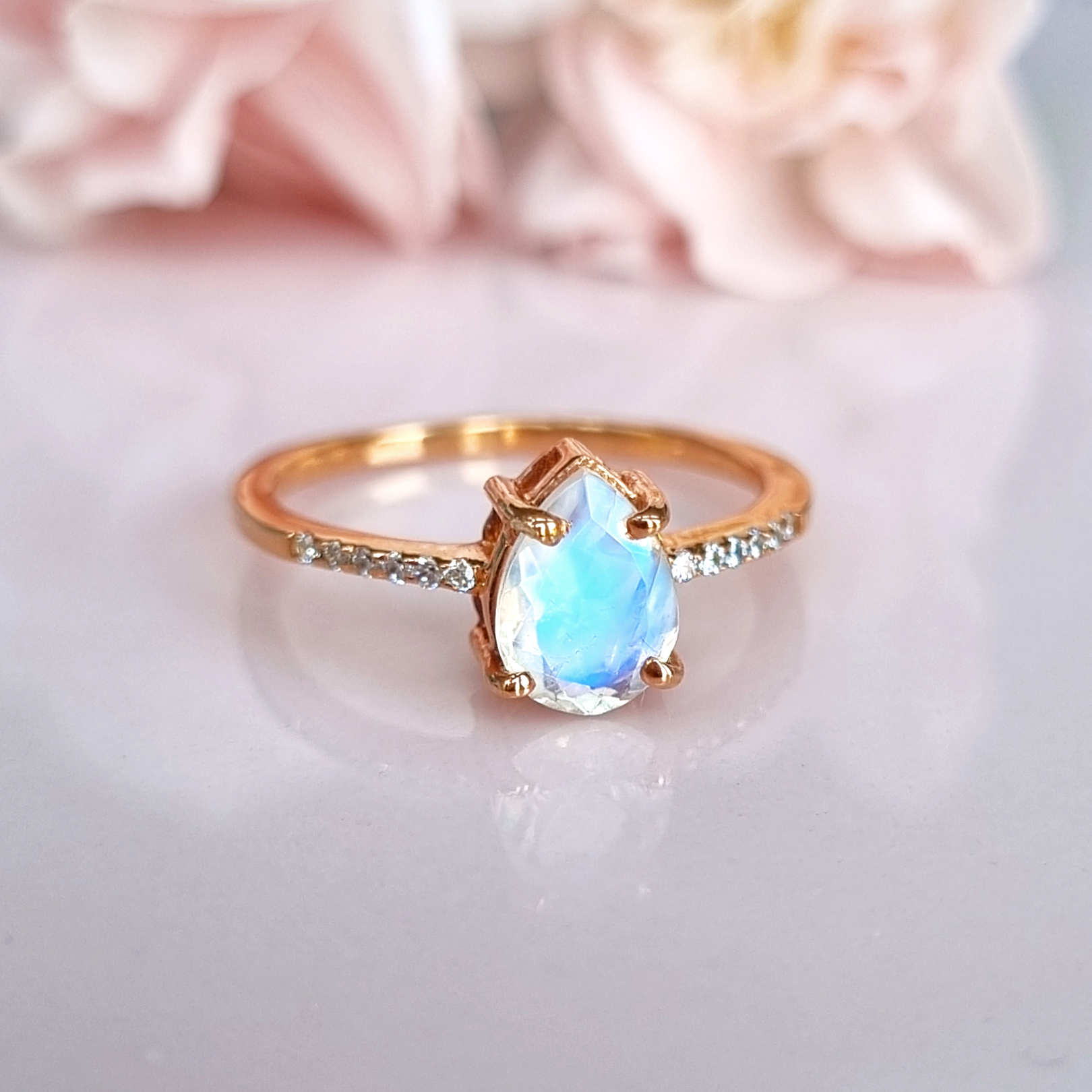 Pear cut rainbow moonstone ring in 18k rose gold vermeil product image