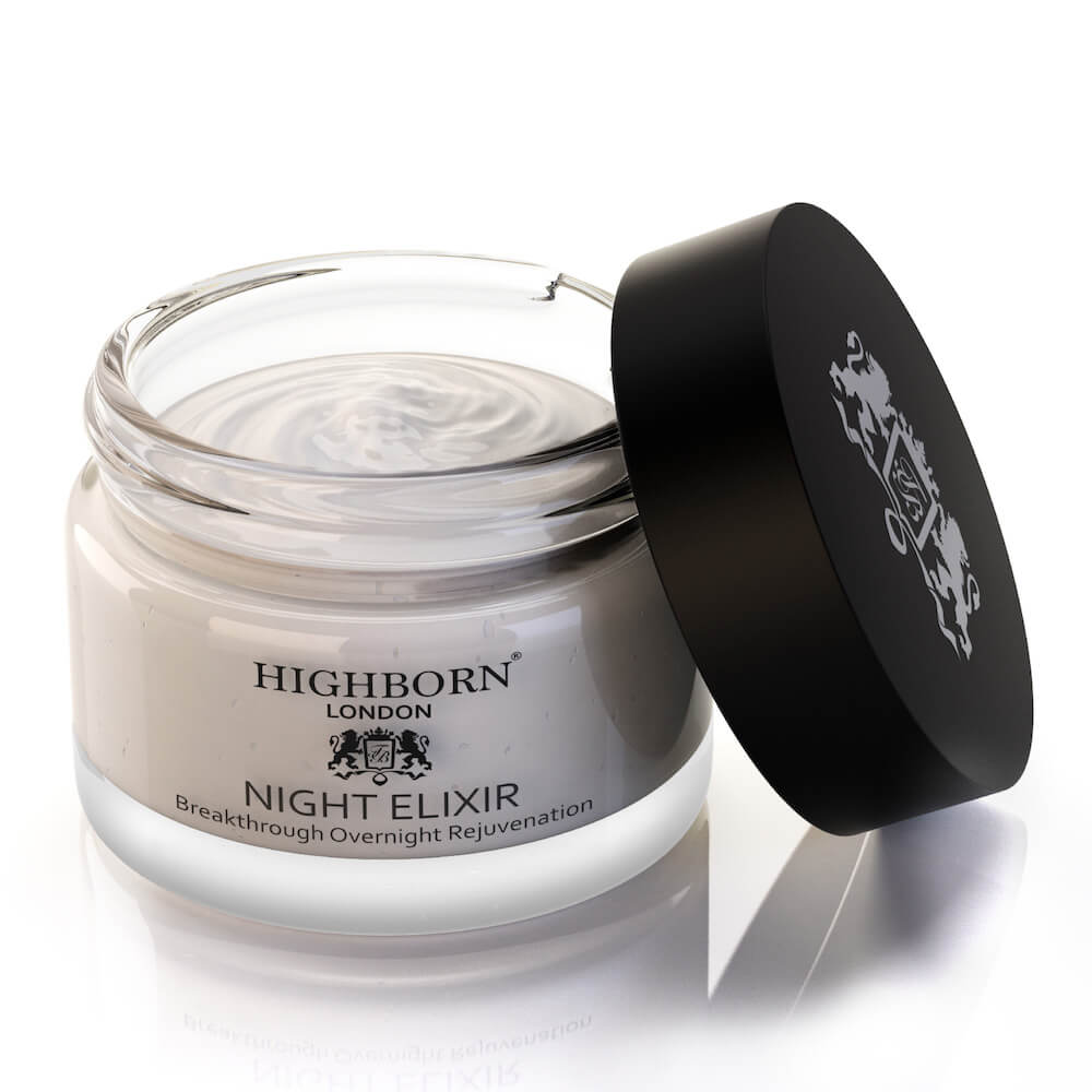 Highborn Night Elixir jar with lid off showing night cream texture