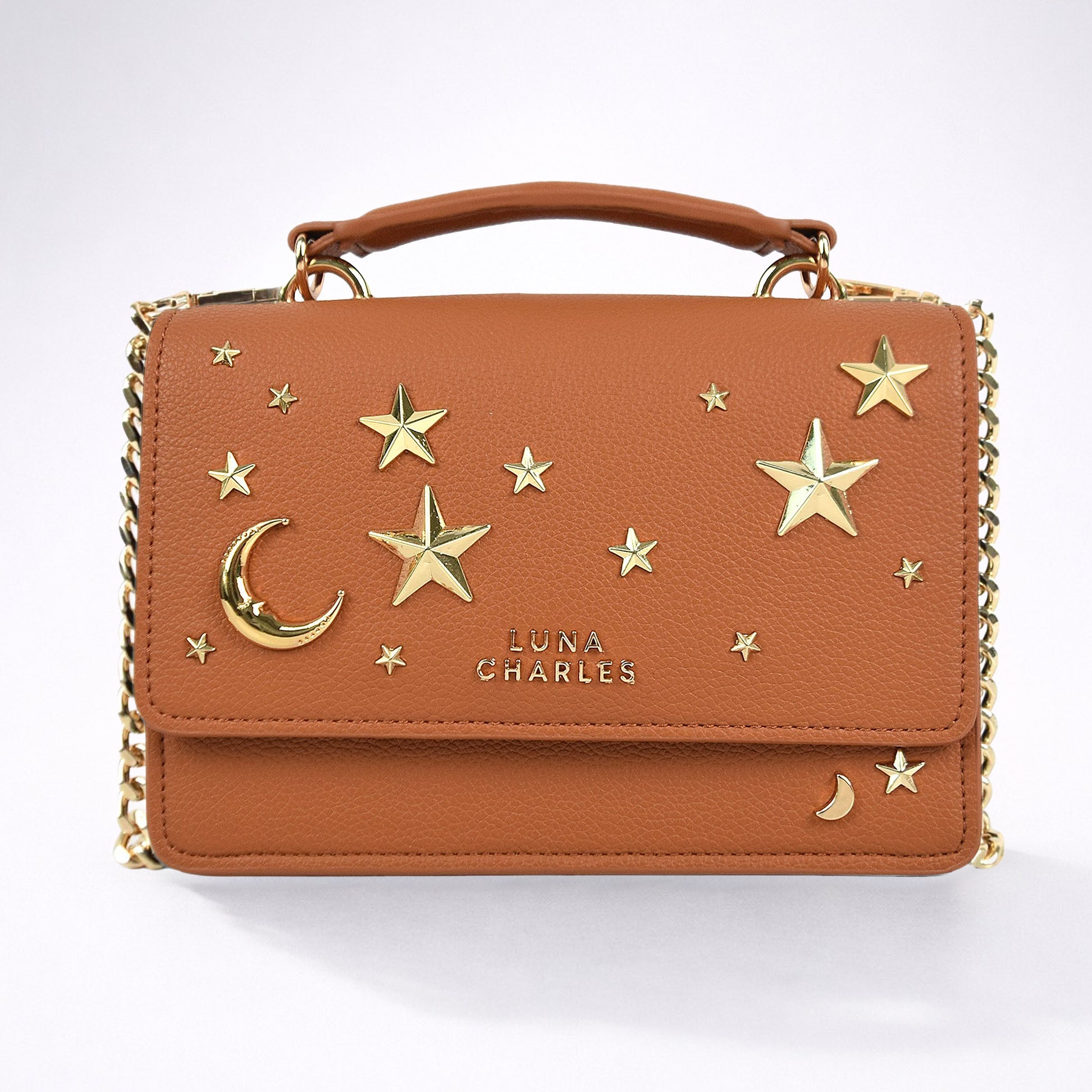 Luna Charles Nova star studded crossbody bag in tan and gold main product image