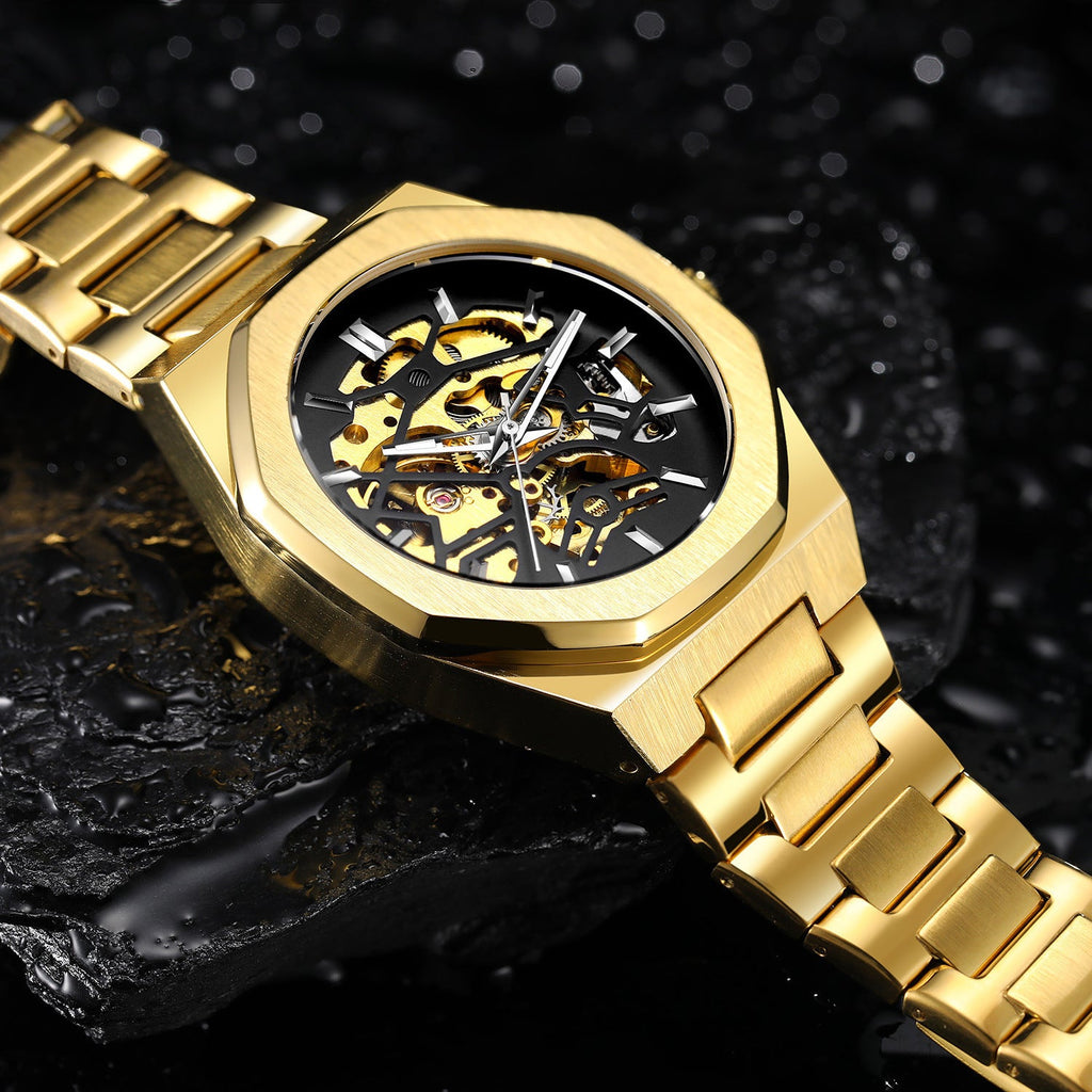 Kenike hollowed mechanical watch black gold variant