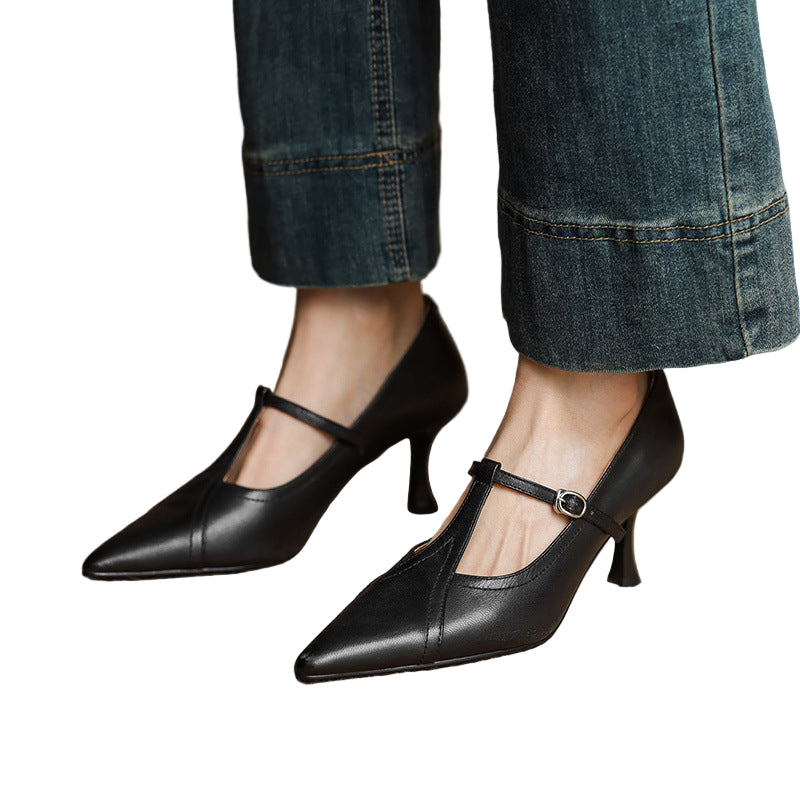 Kenike Korean style T-buckle heels angled view