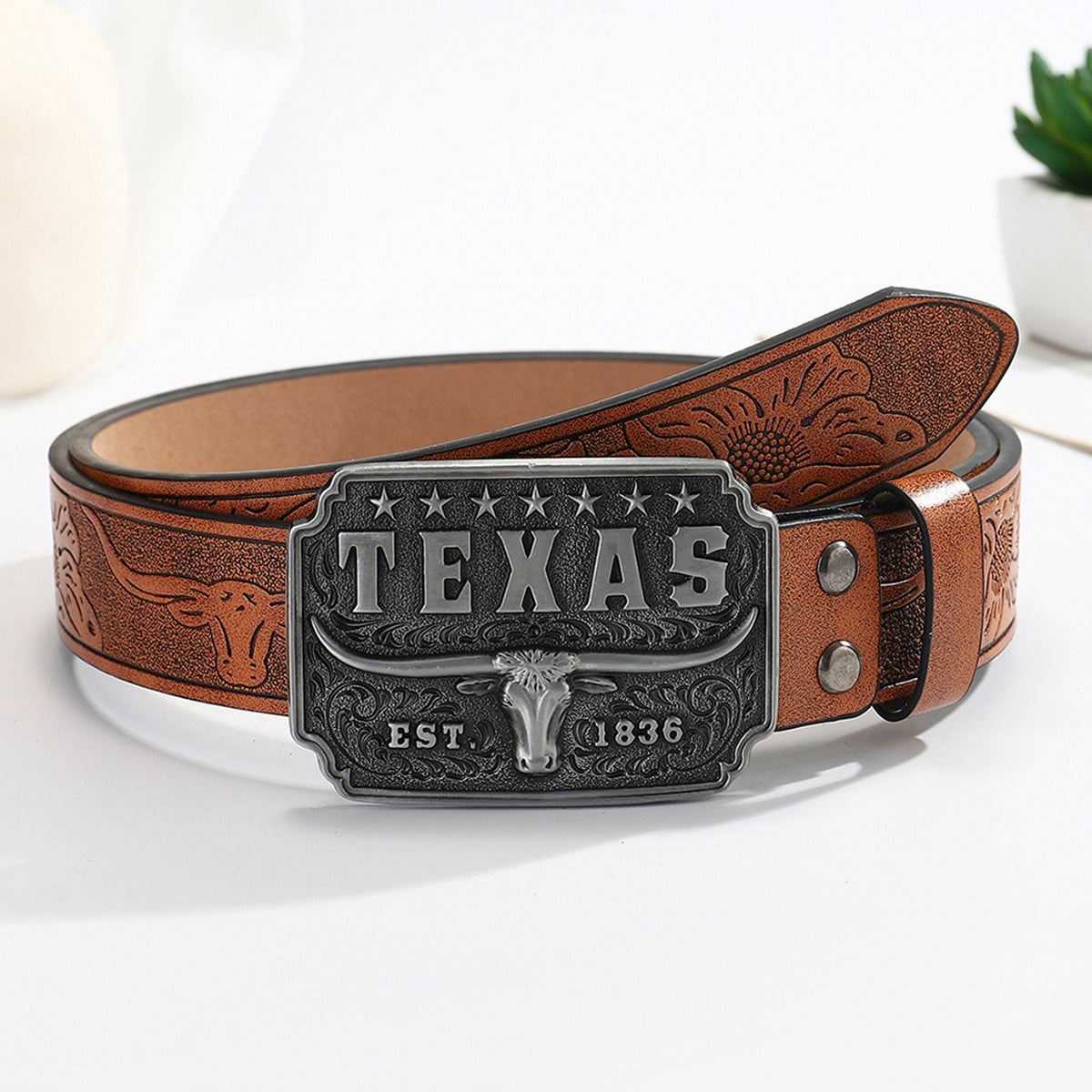Kenike western denim belt cow head buckle detail