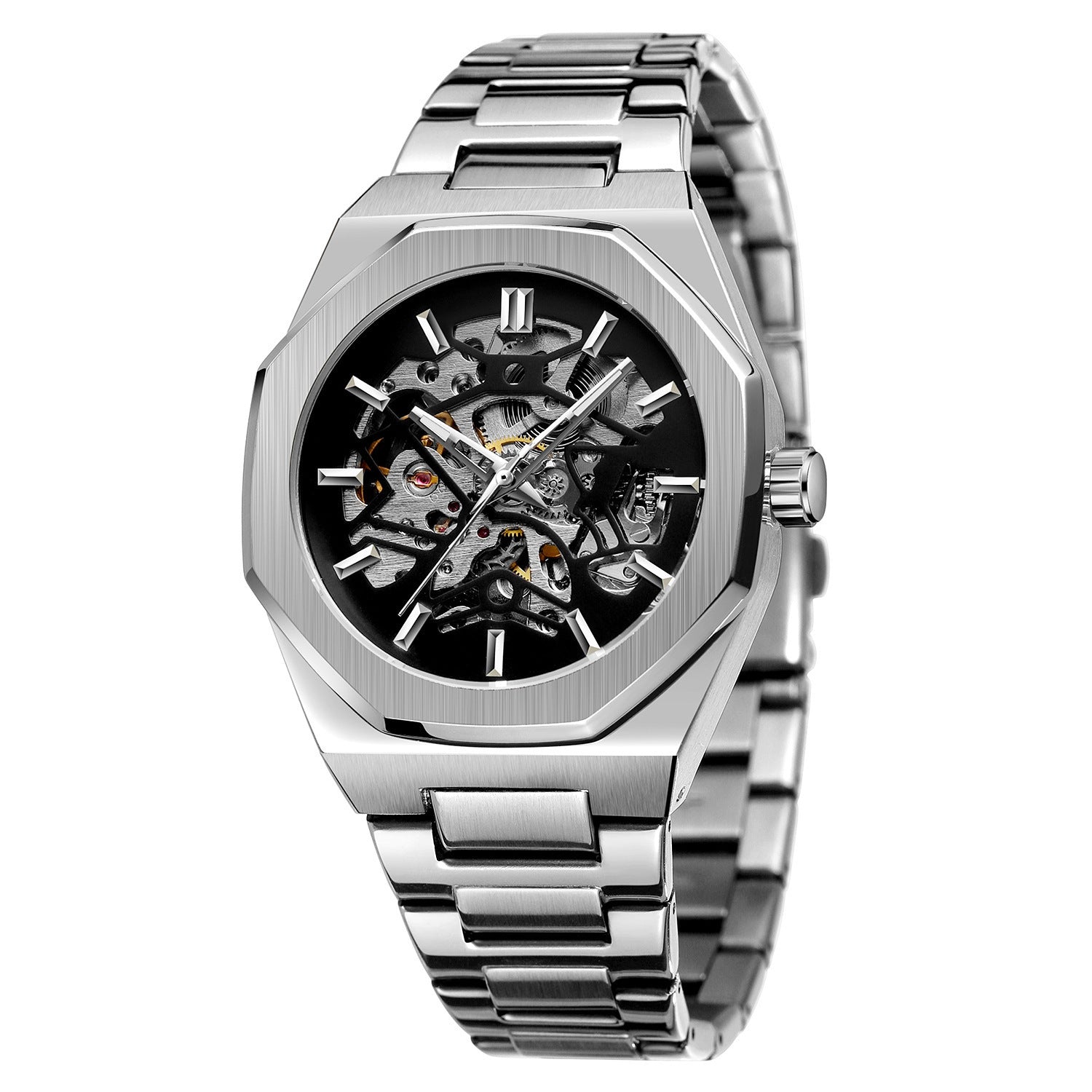 Kenike men's mechanical watch skeleton dial detail