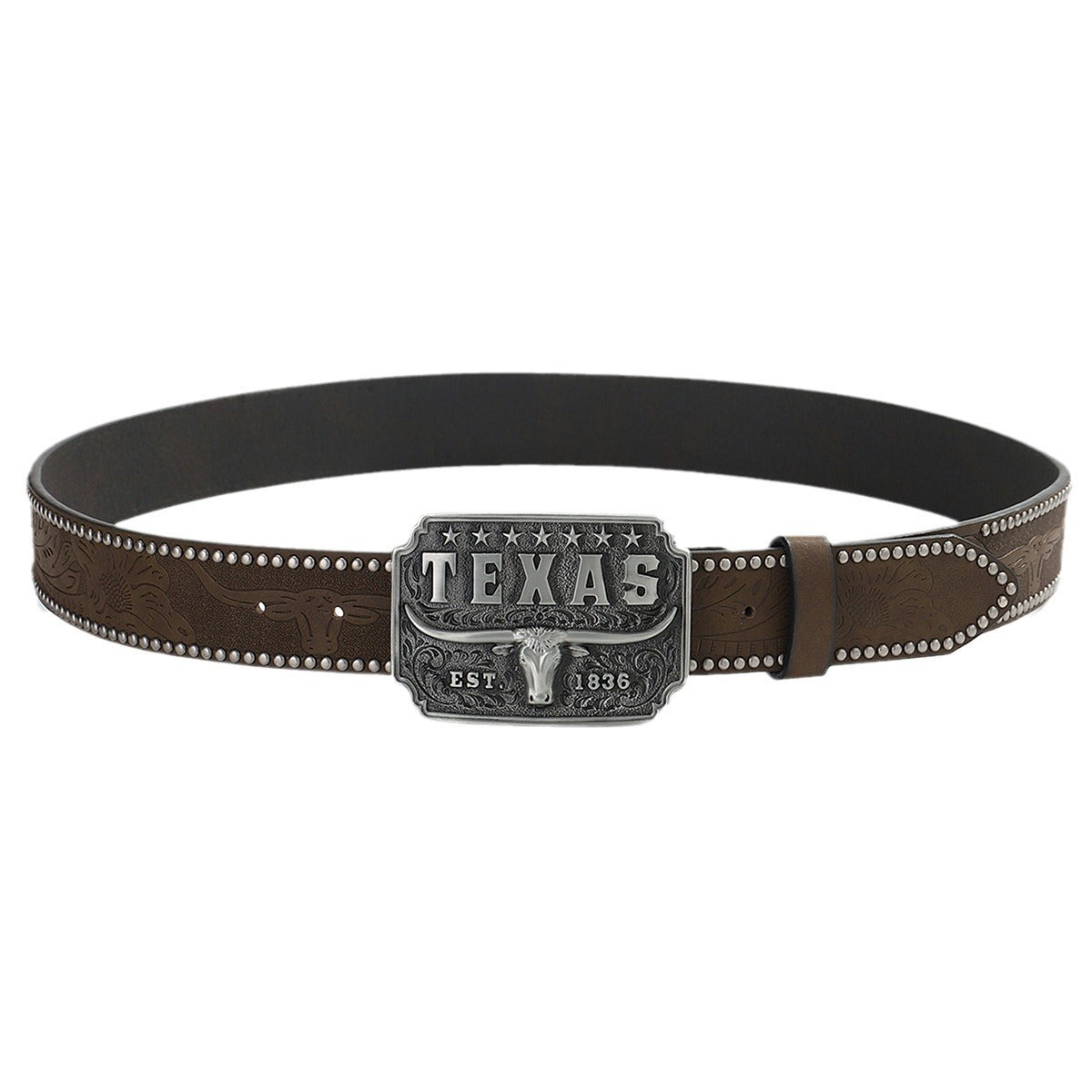 Kenike brown western cow head buckle denim belt 120cm variant