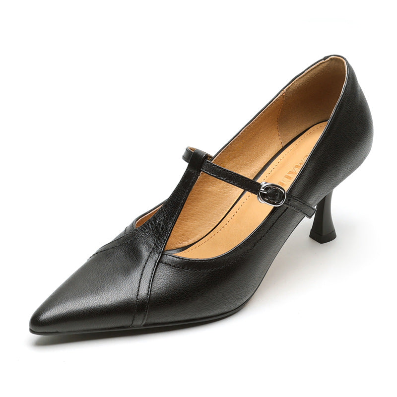 Kenike Korean style T-buckle strap stiletto heels front view