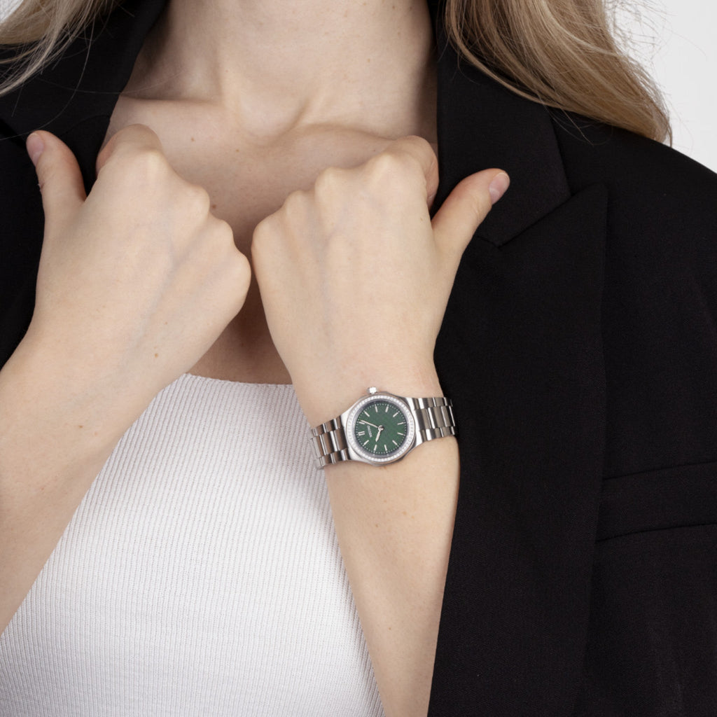Wecord London Oliver Small Diamond watch in Green lifestyle image
