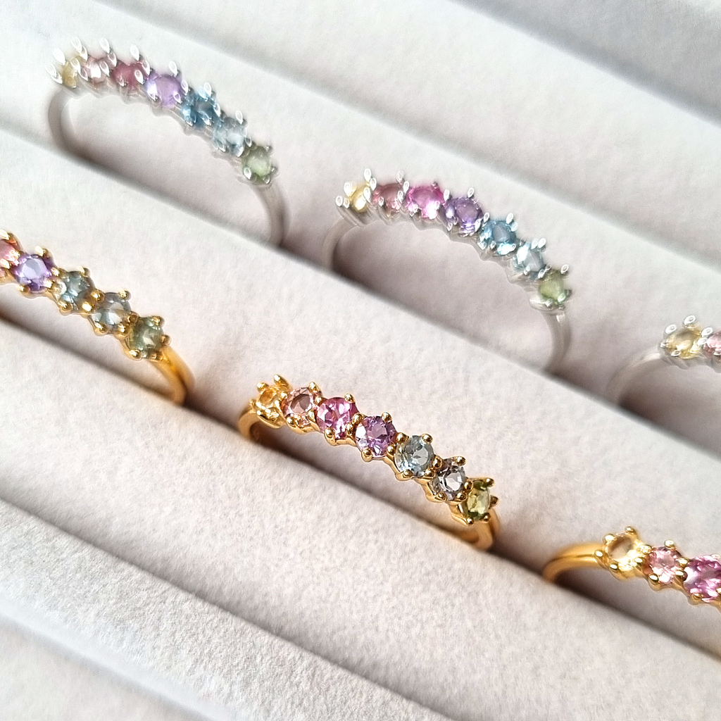 Pastel rainbow gemstone ring in gold vermeil focus image