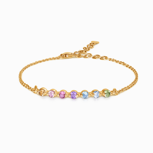 Pastel rainbow gemstone bracelet in 18k gold vermeil on white background