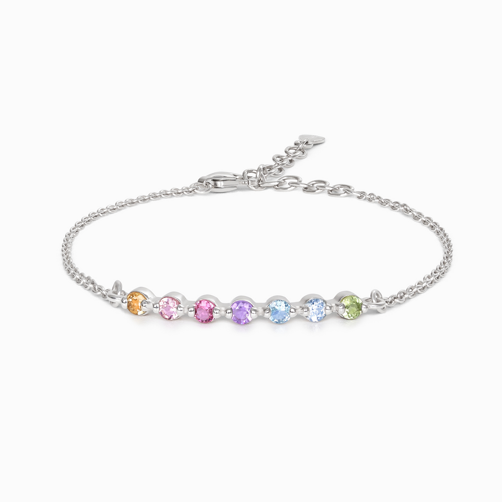 Pastel rainbow gemstone bracelet in sterling silver on white background