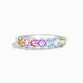 Pastel rainbow gemstone eternity ring in sterling silver on white background