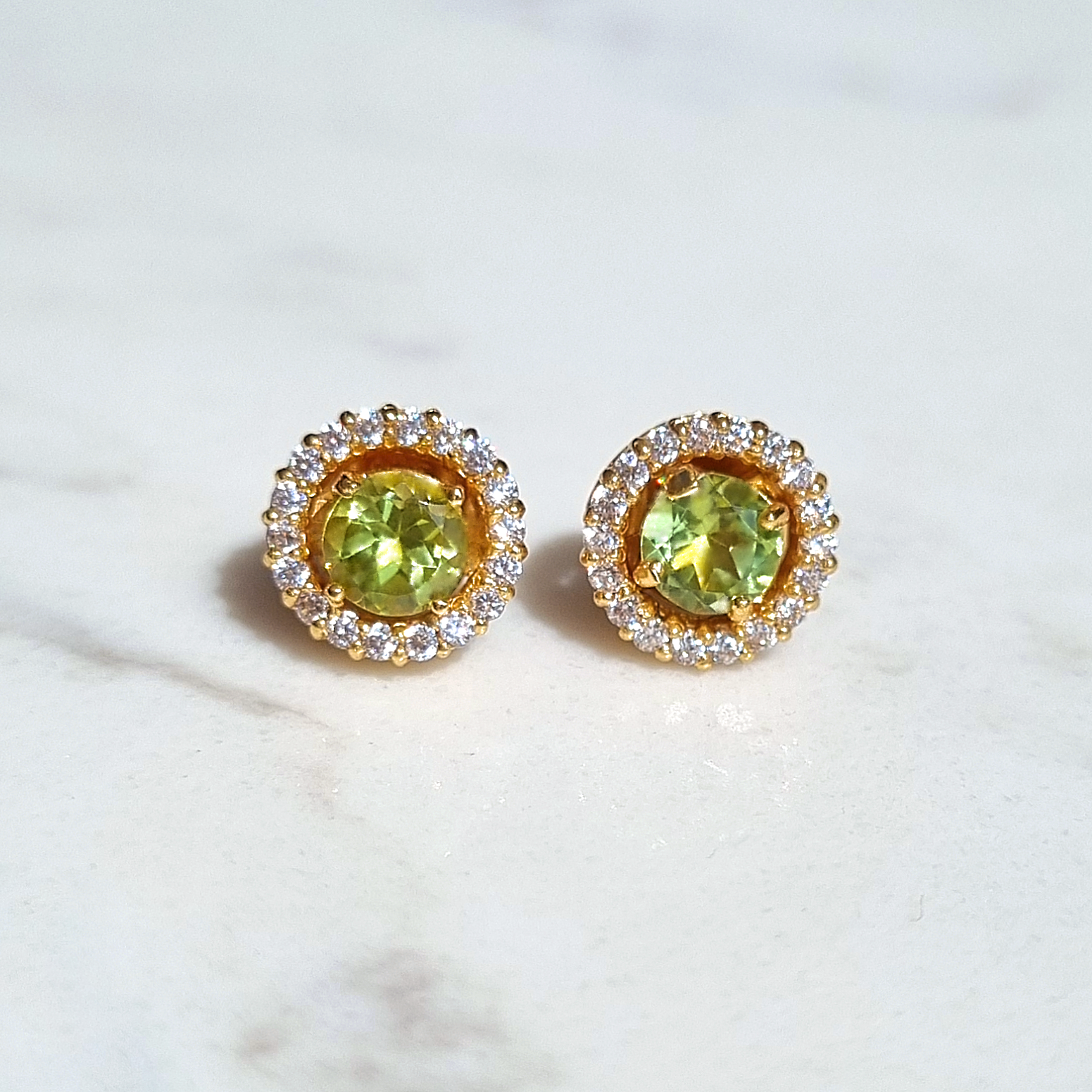 Peridot round halo stud earrings with jackets in 18k gold vermeil detail image