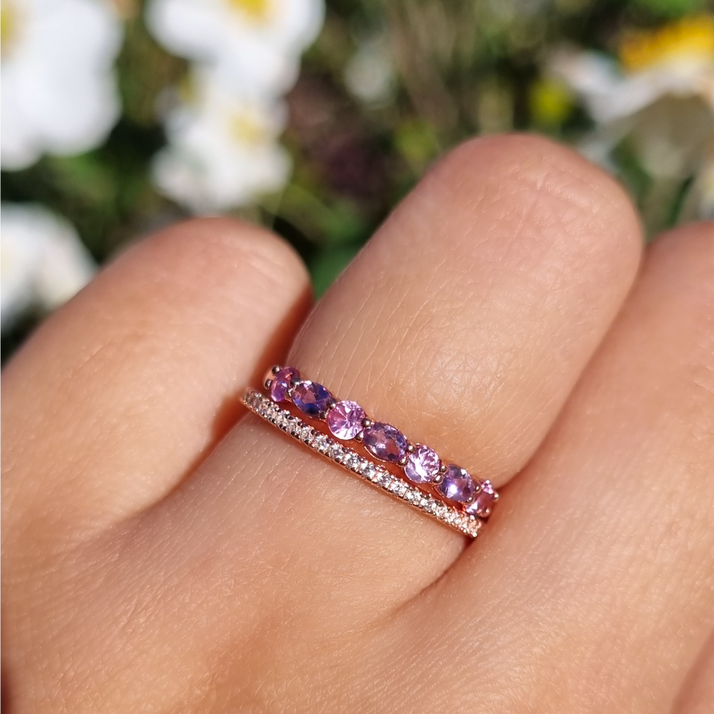 Pink sapphire and pink amethyst ring stacked with eternity band in rose gold vermeil