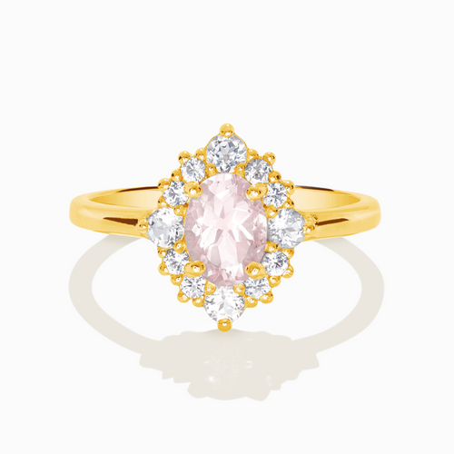Pink morganite halo ring in 18k gold vermeil on white background