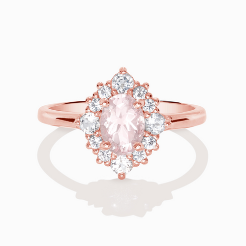 Pink morganite halo ring in 18k rose gold vermeil on white background