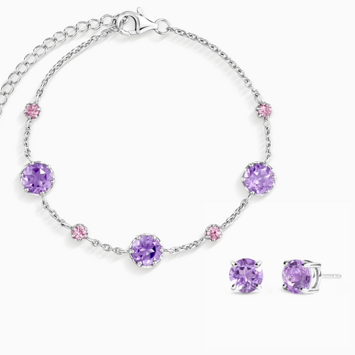 Vianne Jewellery pink sapphire and lavender amethyst bracelet and stud earrings set in sterling silver