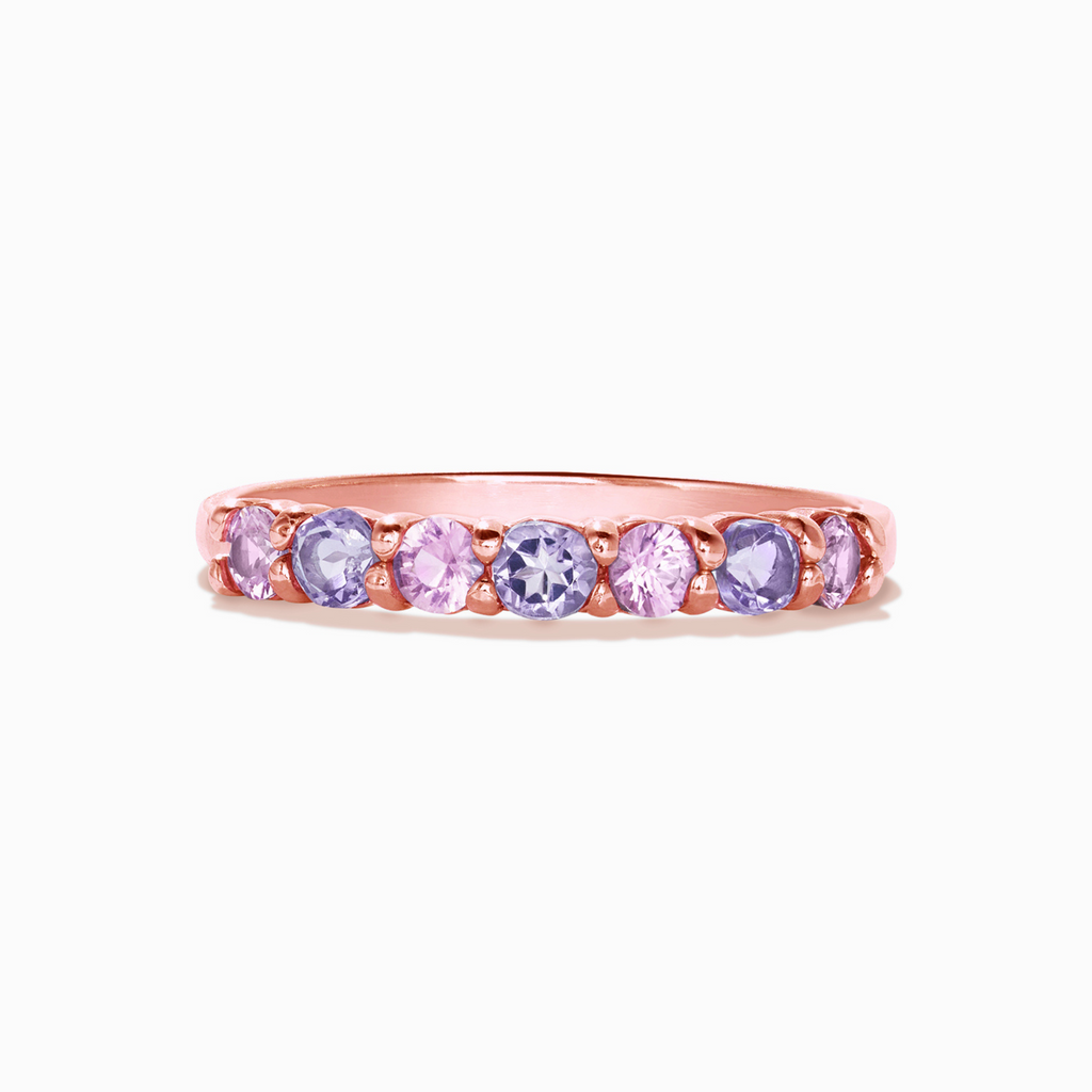 Pink sapphire and pink amethyst half eternity band in 18k rose gold vermeil on white background
