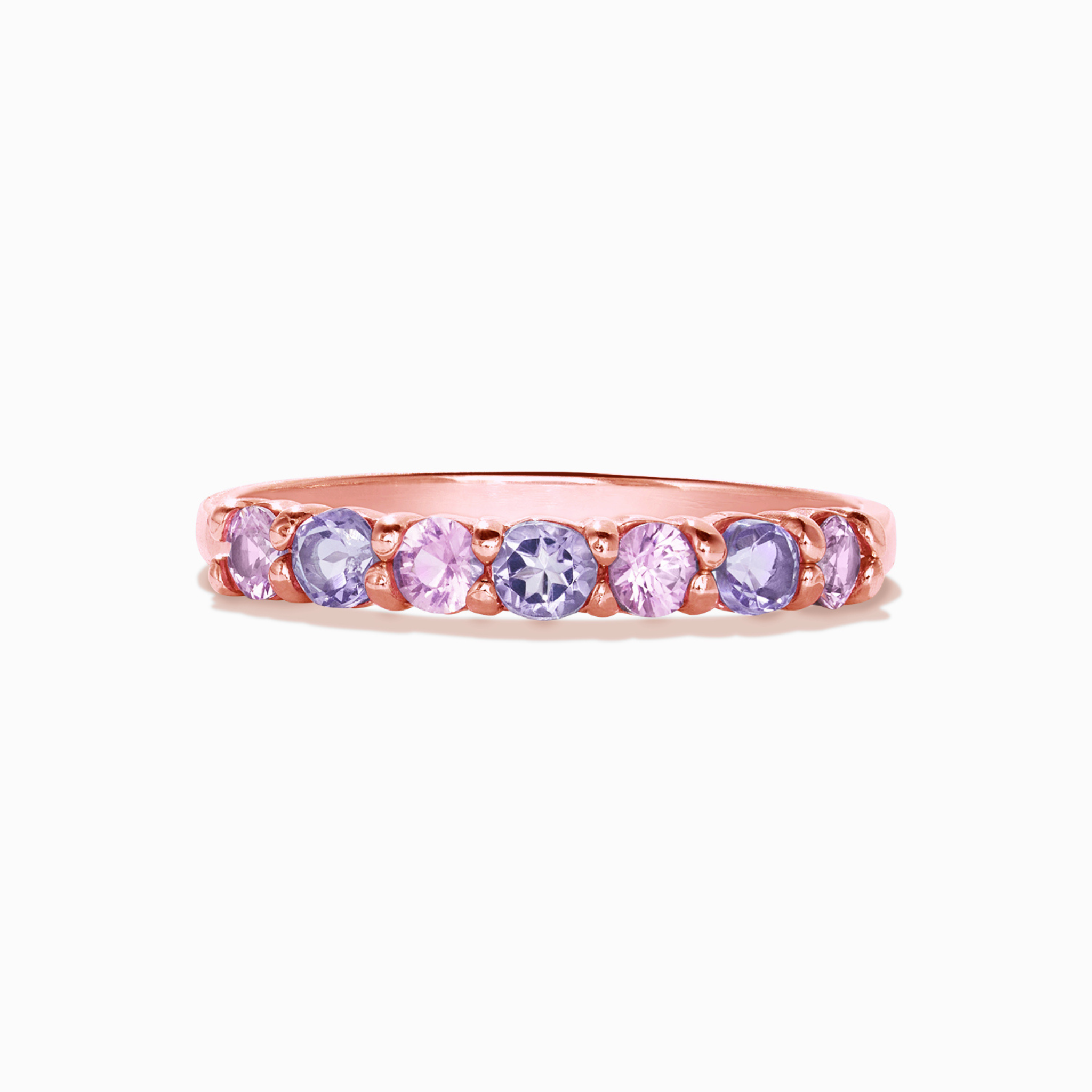 Pink sapphire and pink amethyst half eternity band in 18k rose gold vermeil on white background