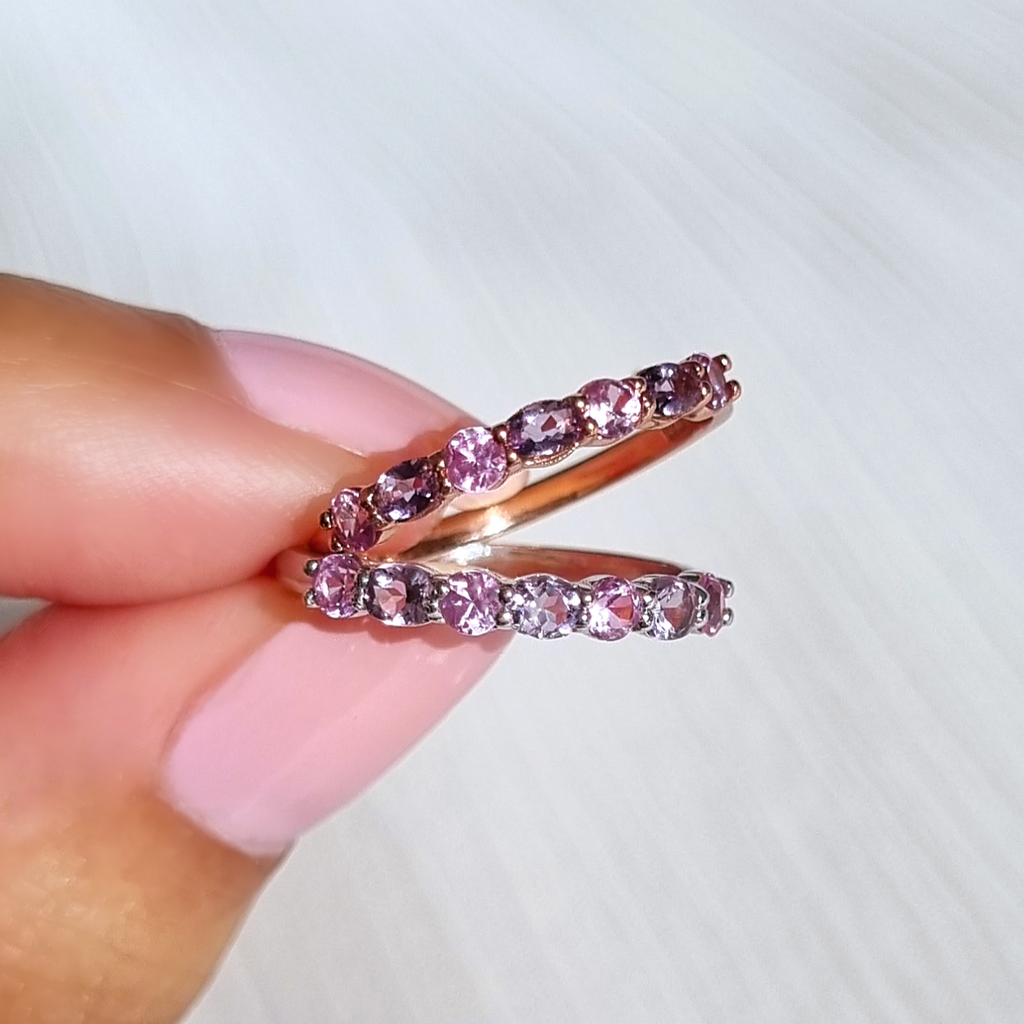 Pink sapphire and pink amethyst rings in sterling silver and 18k rose gold vermeil colour adjusted group image