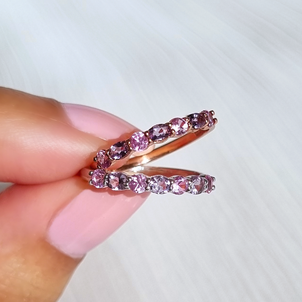 Pink sapphire and pink amethyst rings in sterling silver and 18k rose gold vermeil colour adjusted group image