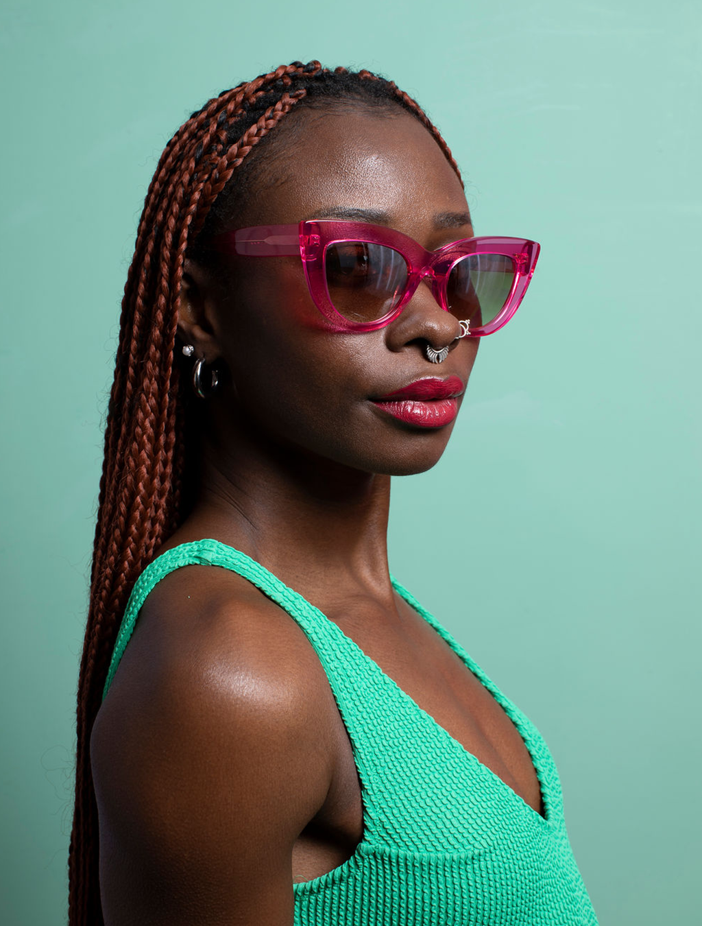 zoedepass Pixie Pink crystal sunglasses worn on model