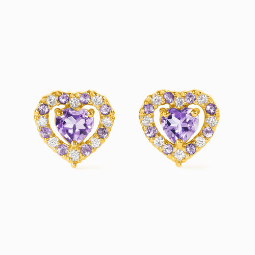 Lavender amethyst heart stud earrings in 18k gold vermeil on white background