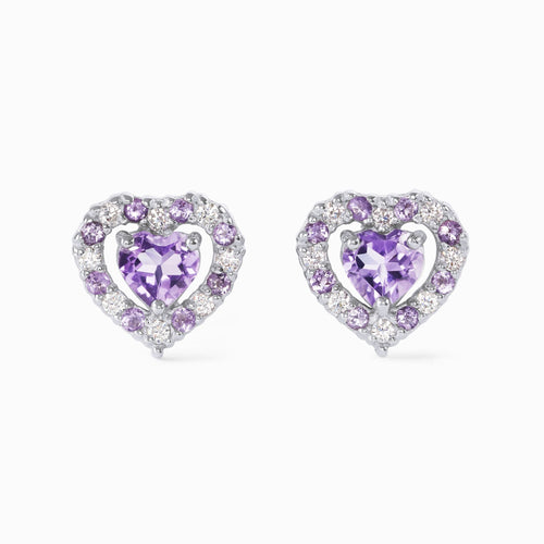 Lavender amethyst heart stud earrings in sterling silver on white background