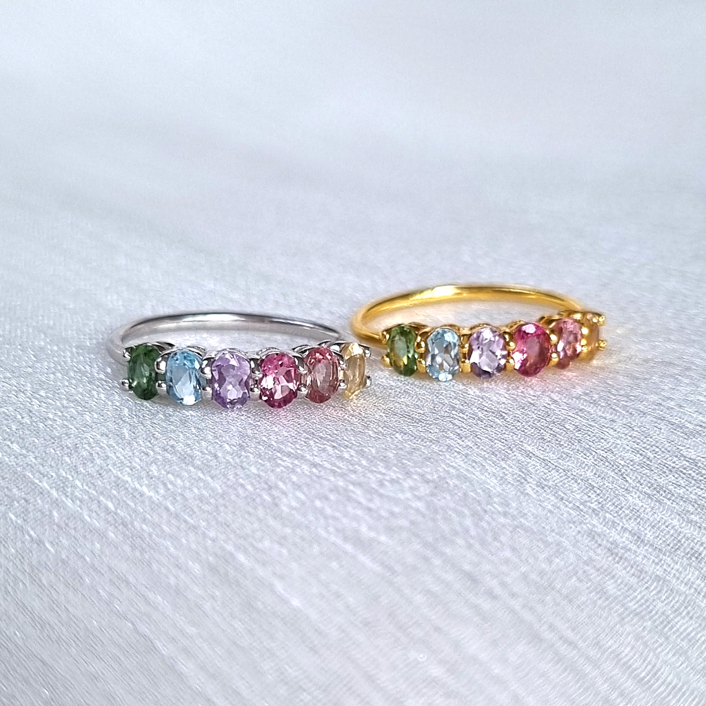Rainbow multicoloured gemstone half eternity rings in sterling silver and 18k gold vermeil group image