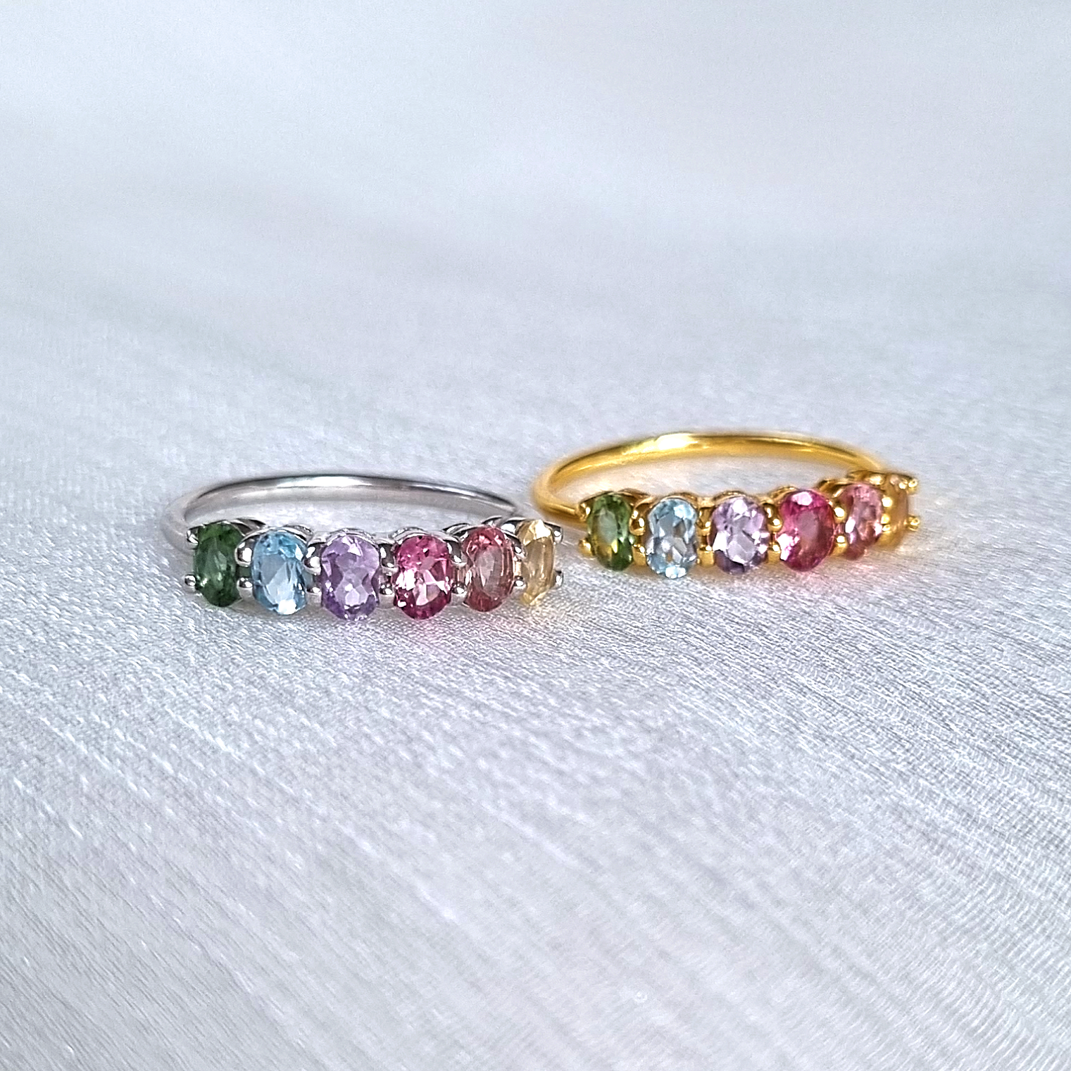 Rainbow multicoloured gemstone half eternity rings in sterling silver and 18k gold vermeil group image