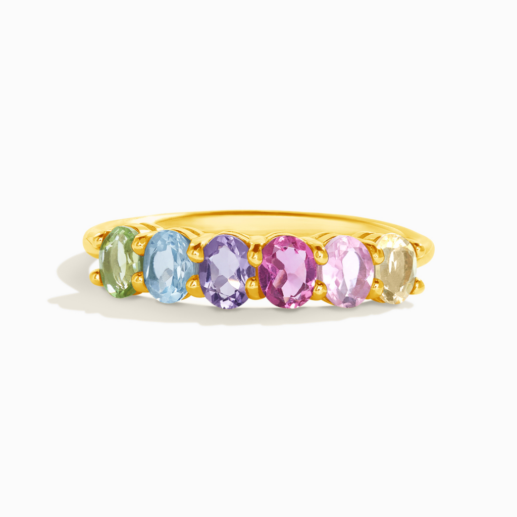 Rainbow multicoloured gemstone half eternity ring in 18k gold vermeil on white background