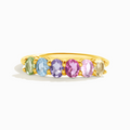 Rainbow multicoloured gemstone half eternity ring in 18k gold vermeil on white background
