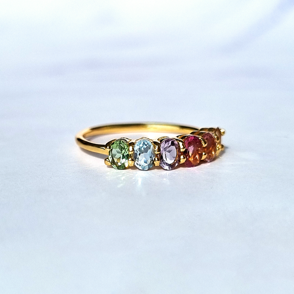 Rainbow multicoloured gemstone half eternity ring in 18k gold vermeil side view