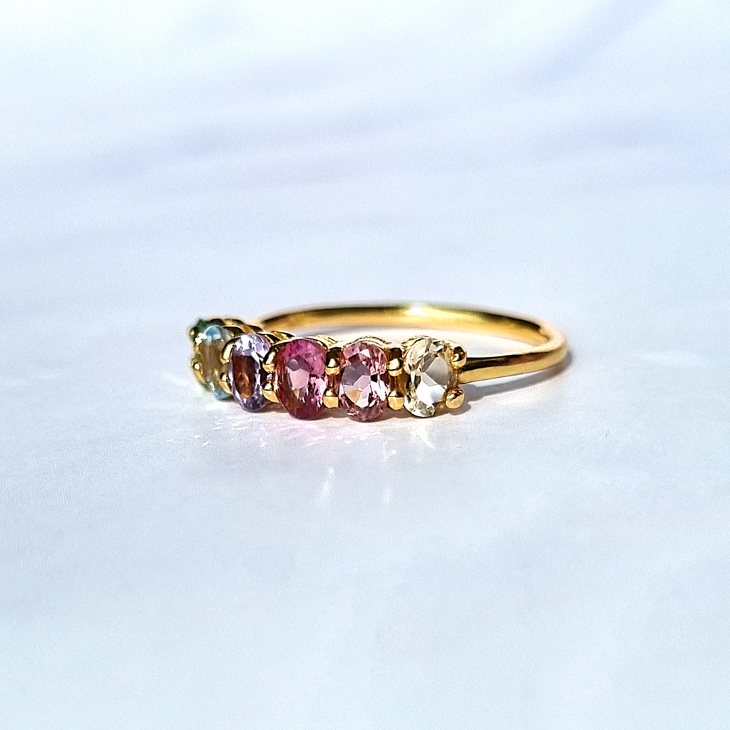 Rainbow multicoloured gemstone half eternity ring in 18k gold vermeil side detail image