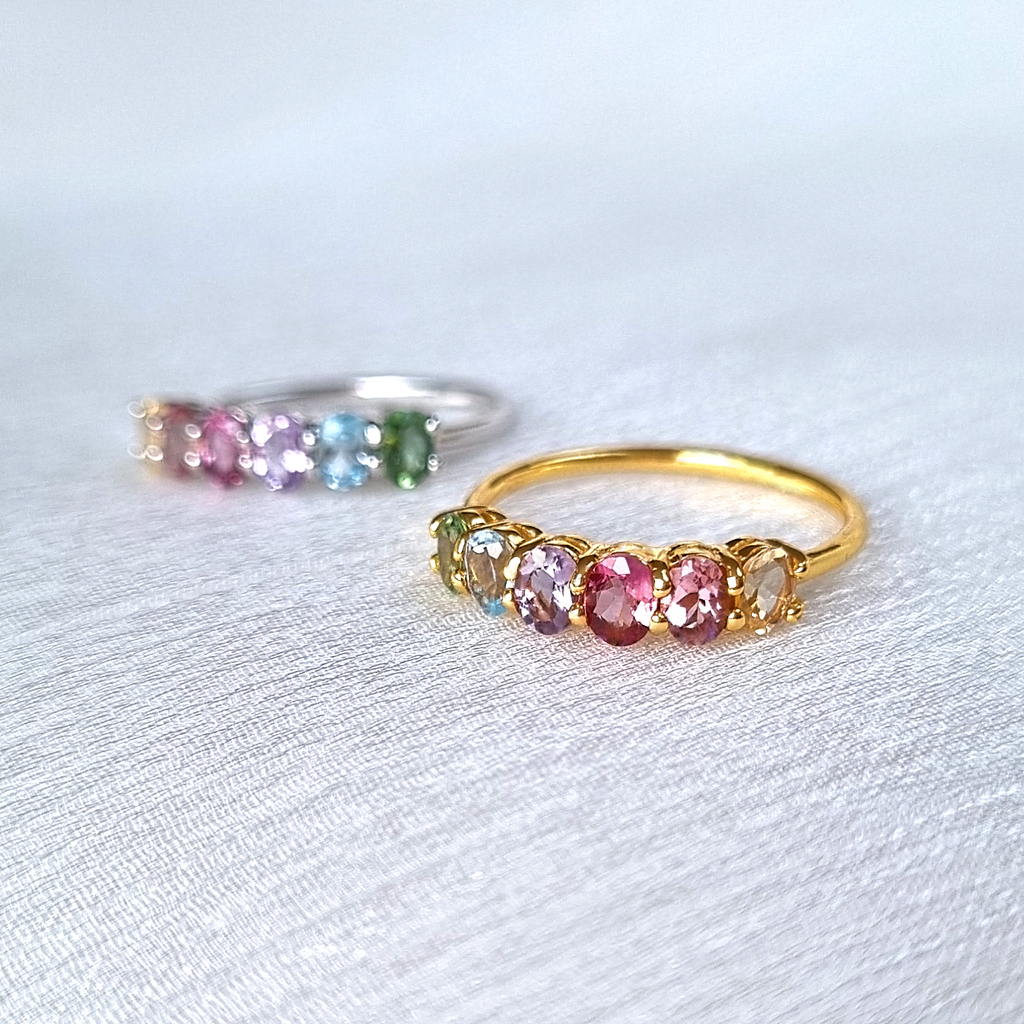 Rainbow multicoloured gemstone half eternity rings in 18k gold vermeil and sterling silver group image