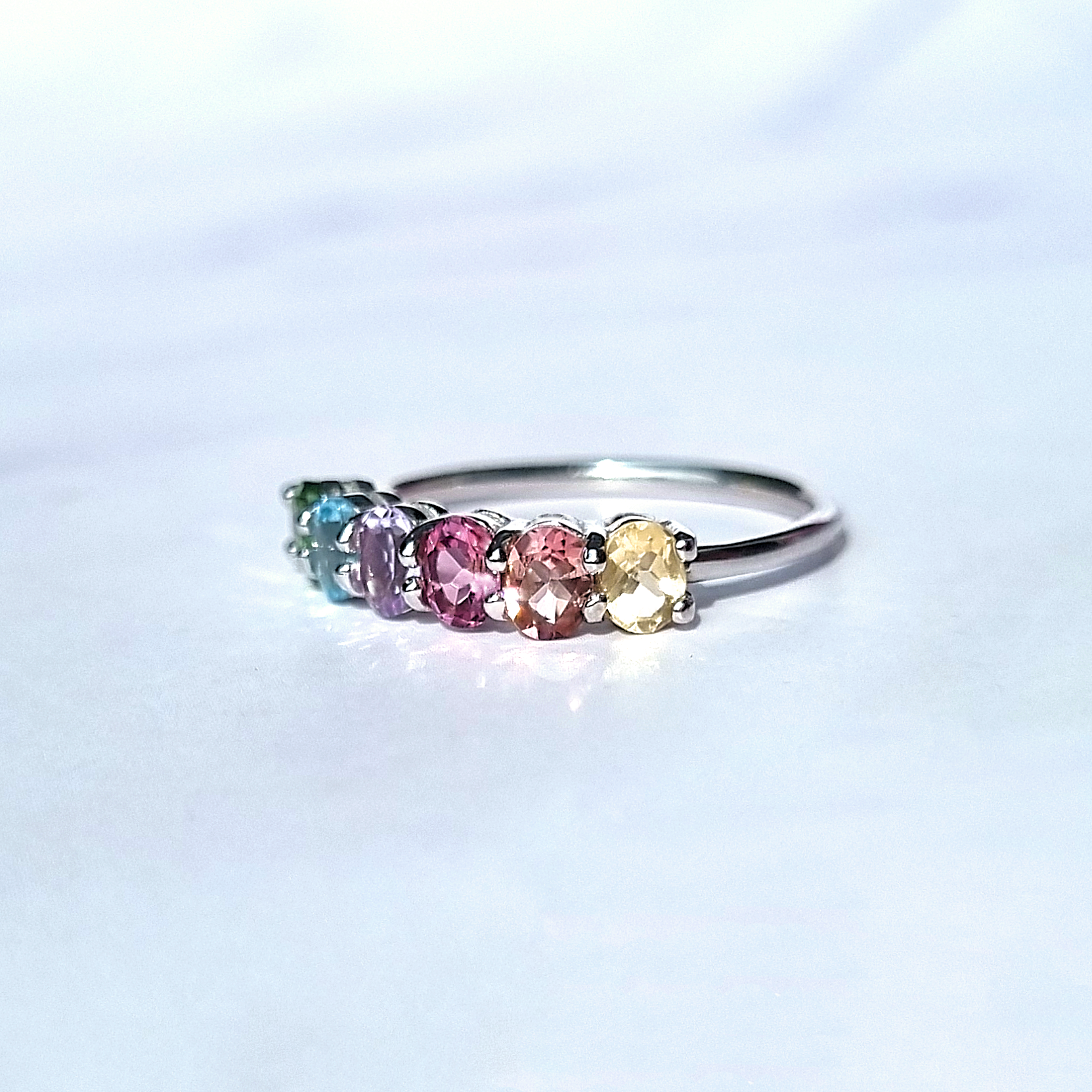 Rainbow multicoloured gemstone half eternity ring in sterling silver side detail image