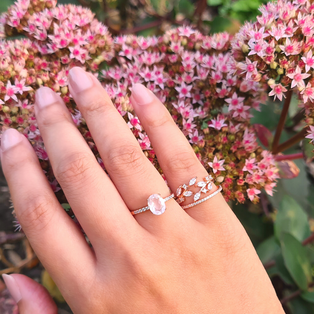 Rose gold ring stack with adjustable leaf ring