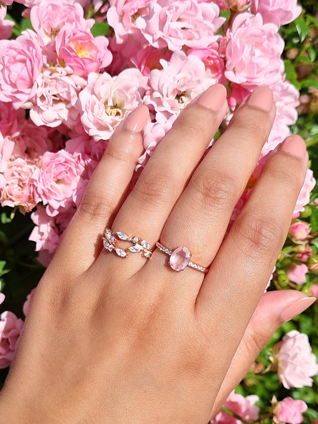 Rose quartz ring and rose gold leaf ring styled image