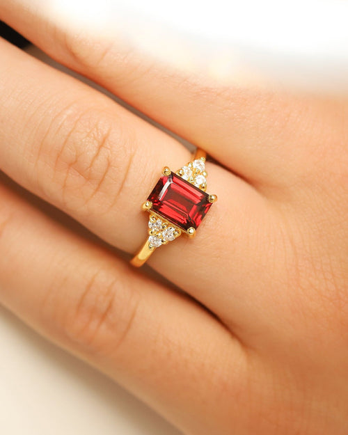 Garnet emerald cut ring in 18k gold vermeil lifestyle image