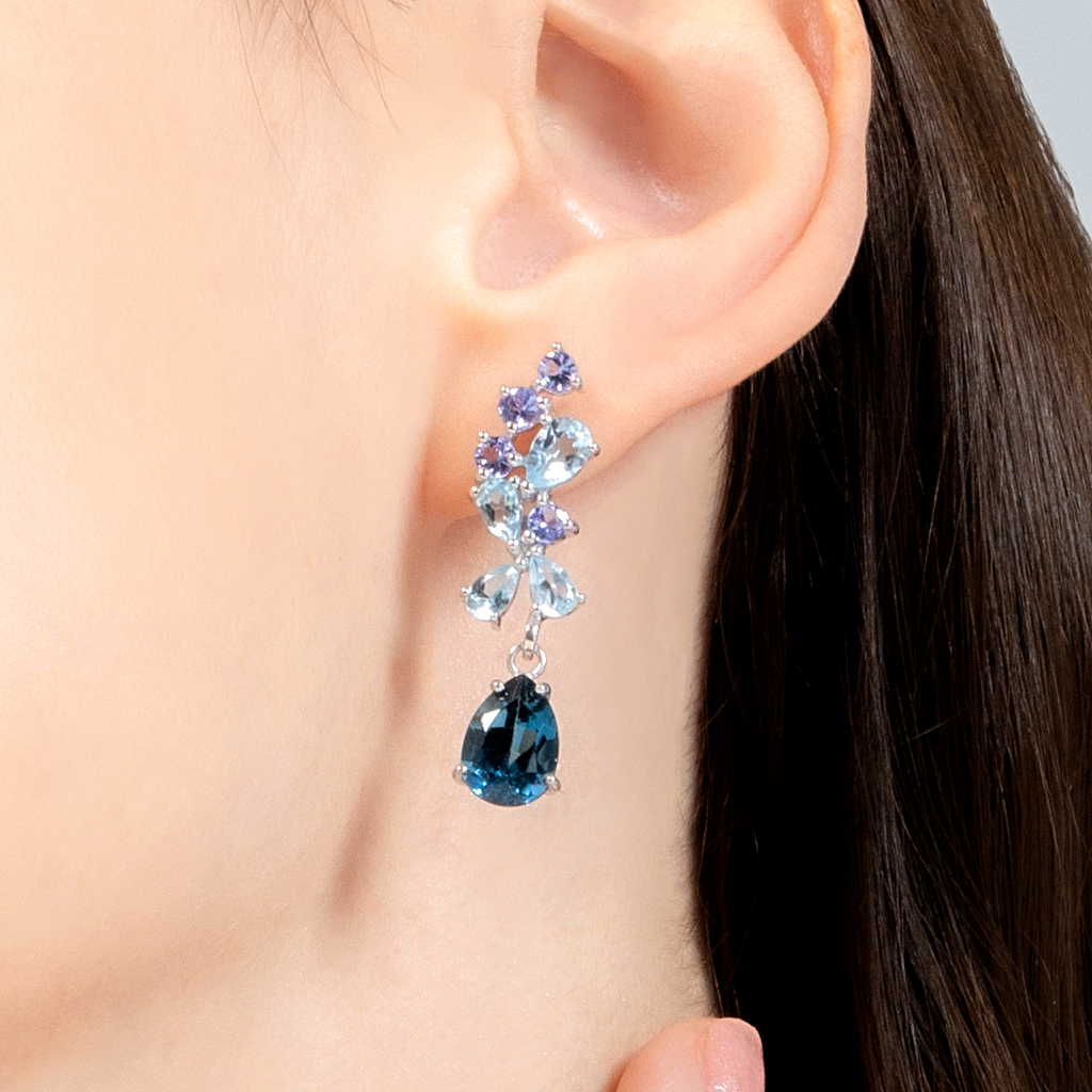 Blue gemstone drop earrings in sterling silver model image