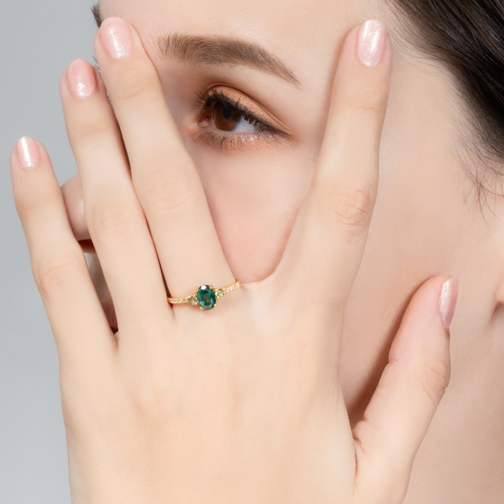Green topaz and green tourmaline ring in 18k gold vermeil model image
