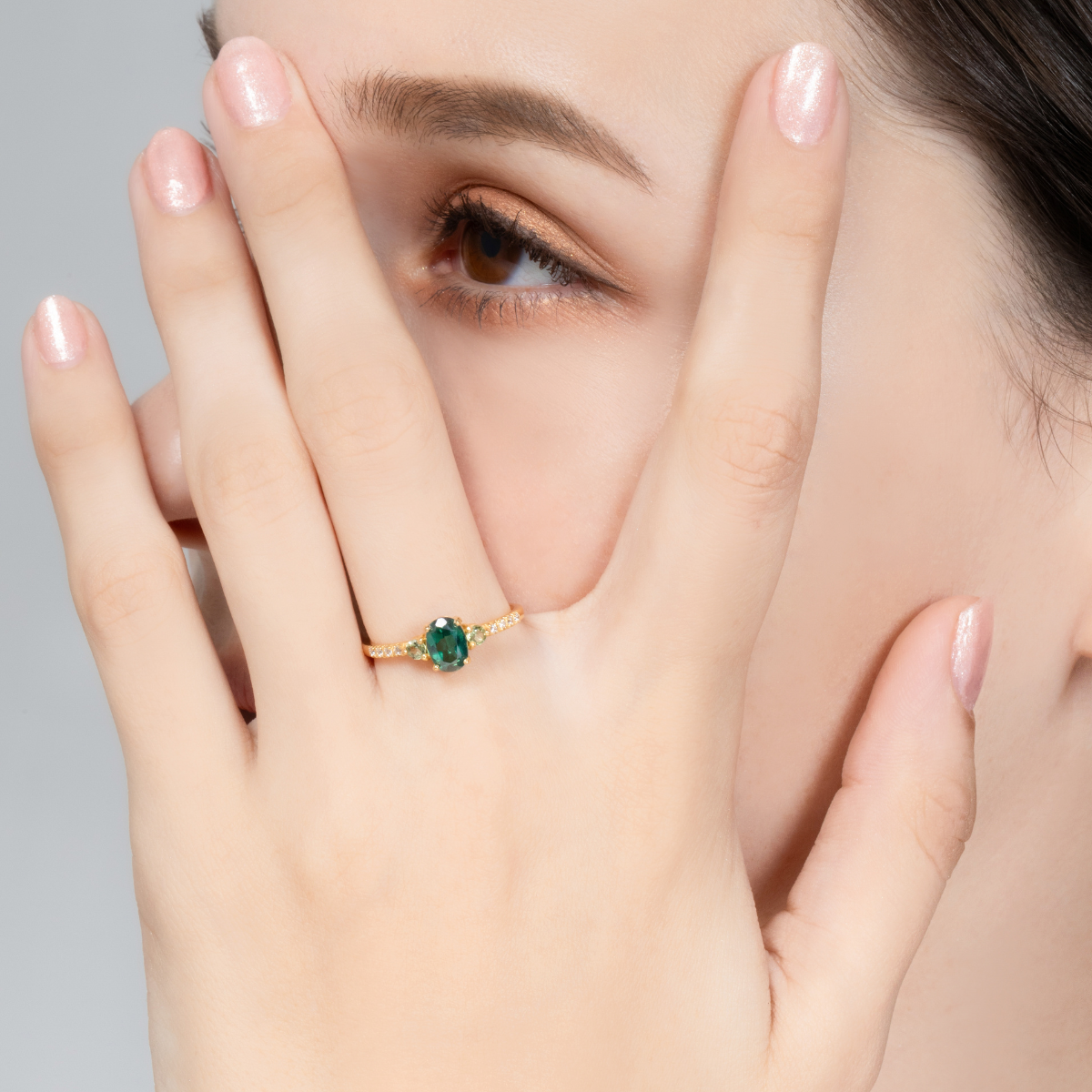 Green topaz and green tourmaline ring in 18k gold vermeil model image