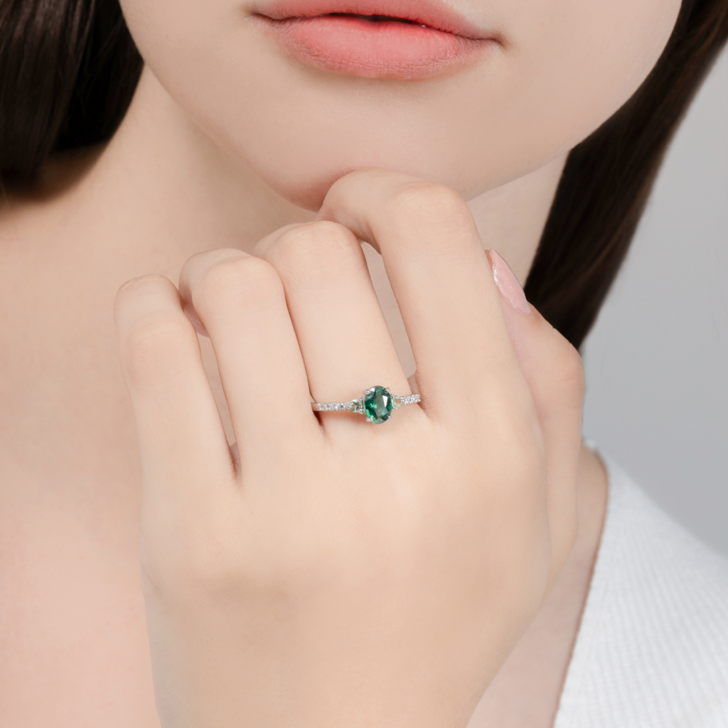 Green topaz and green tourmaline ring in sterling silver model image
