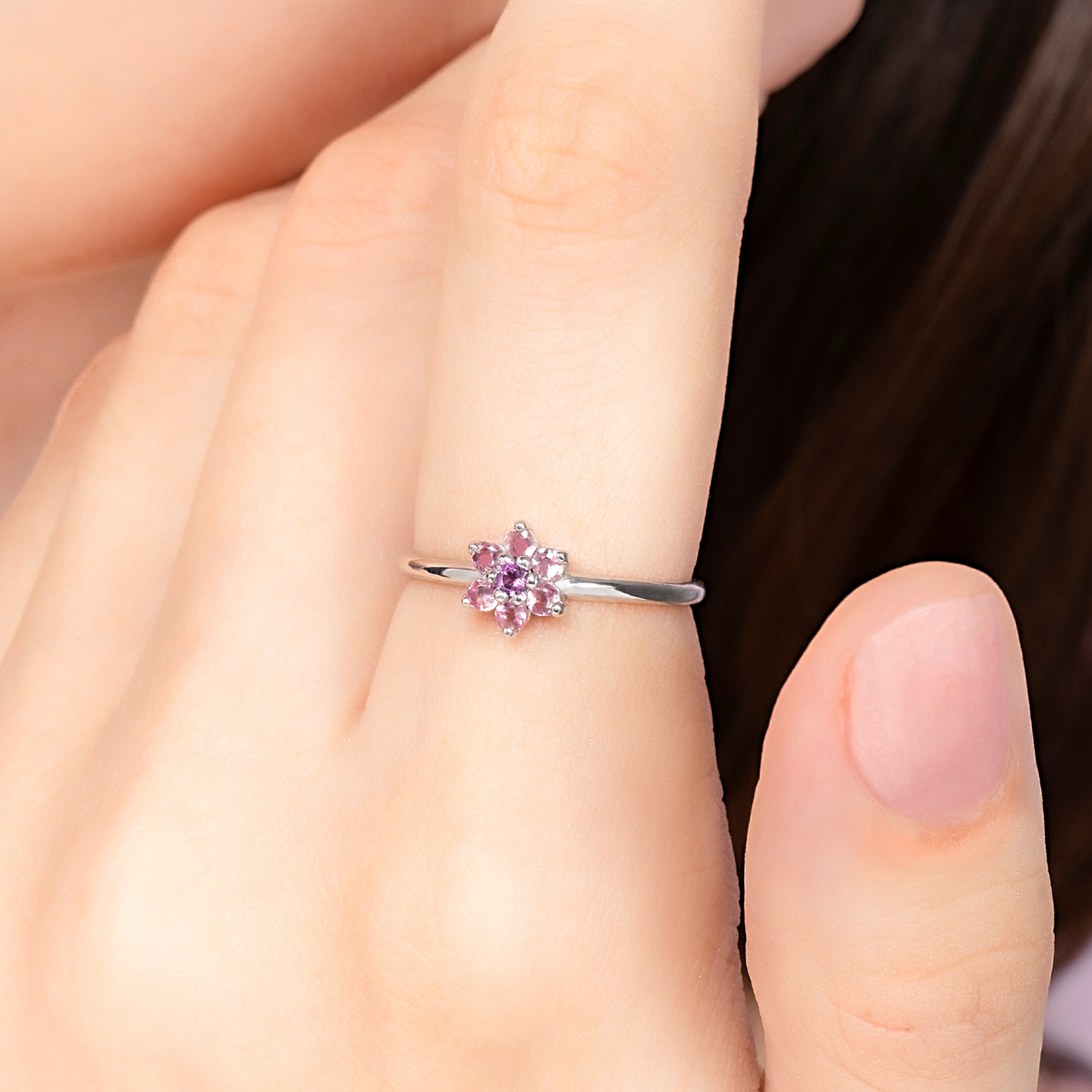 Pink tourmaline and amethyst flower ring in sterling silver model image