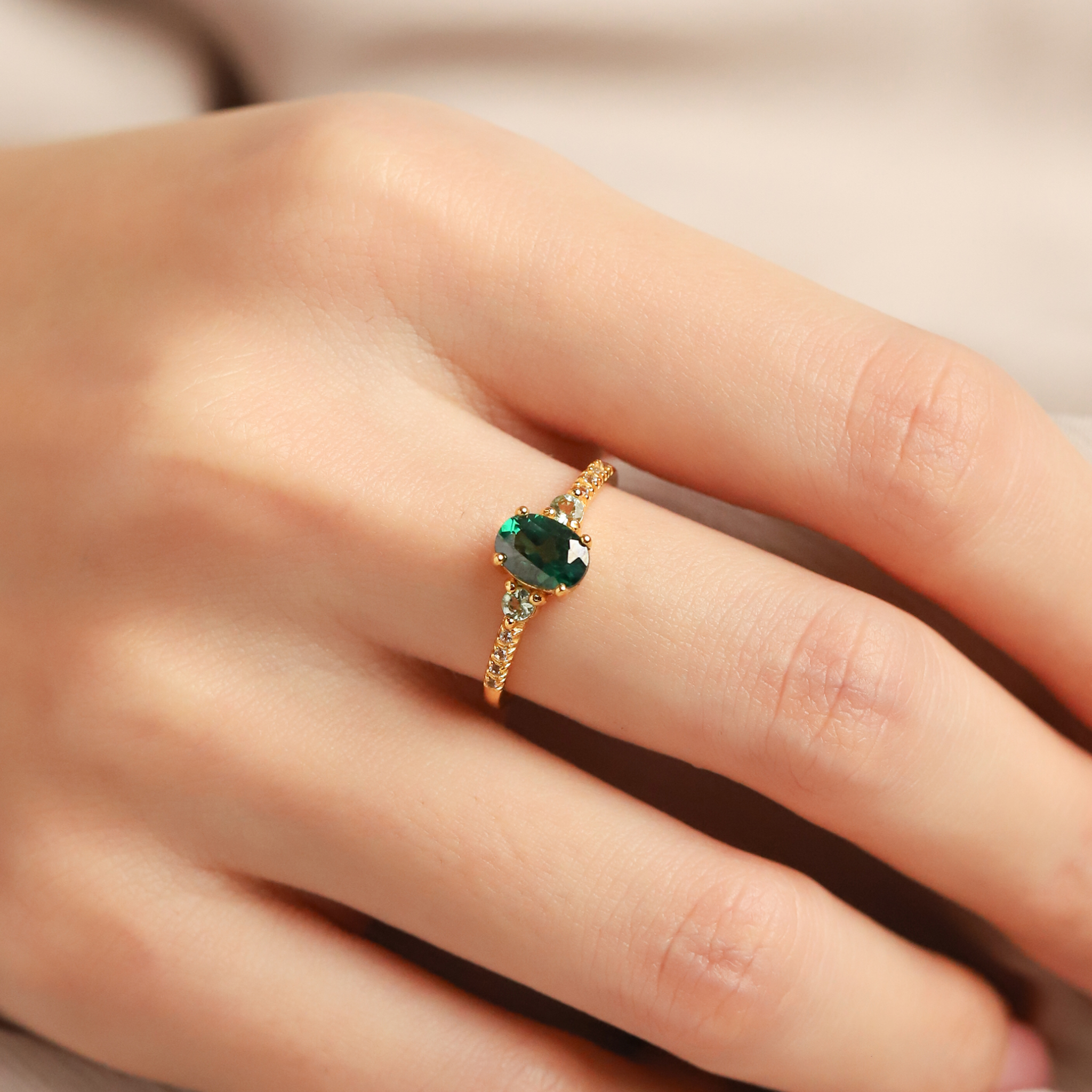 Green topaz and green tourmaline ring in 18k gold vermeil on hand